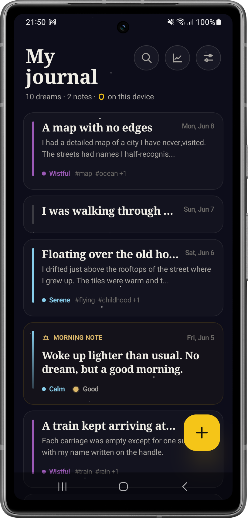 SomniumAI journal list showing recent dreams stored on the device