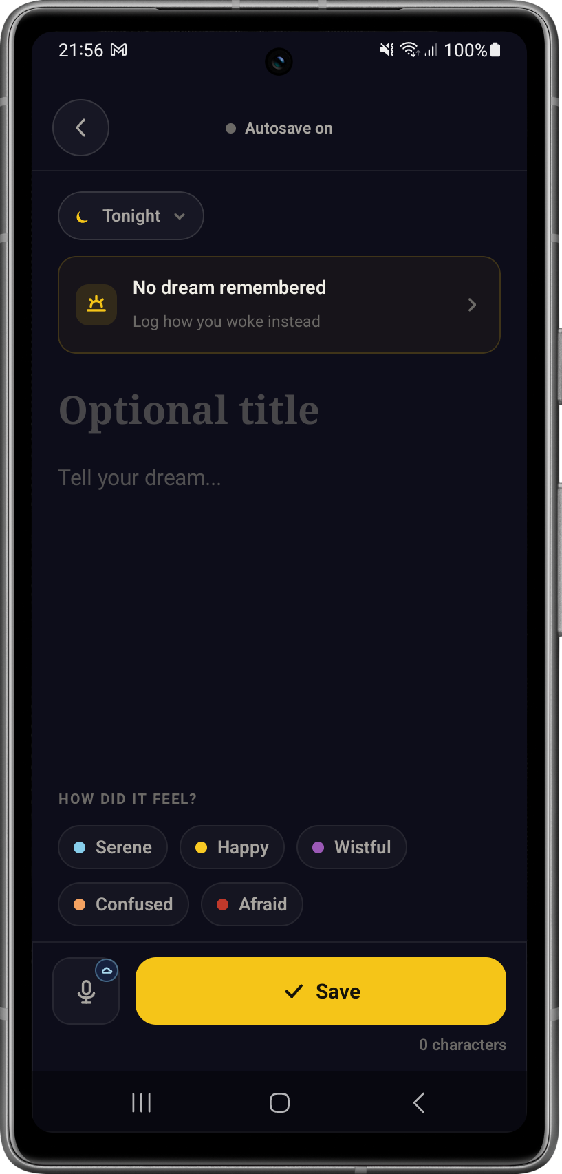 SomniumAI dream editor with autosave on and a Save button